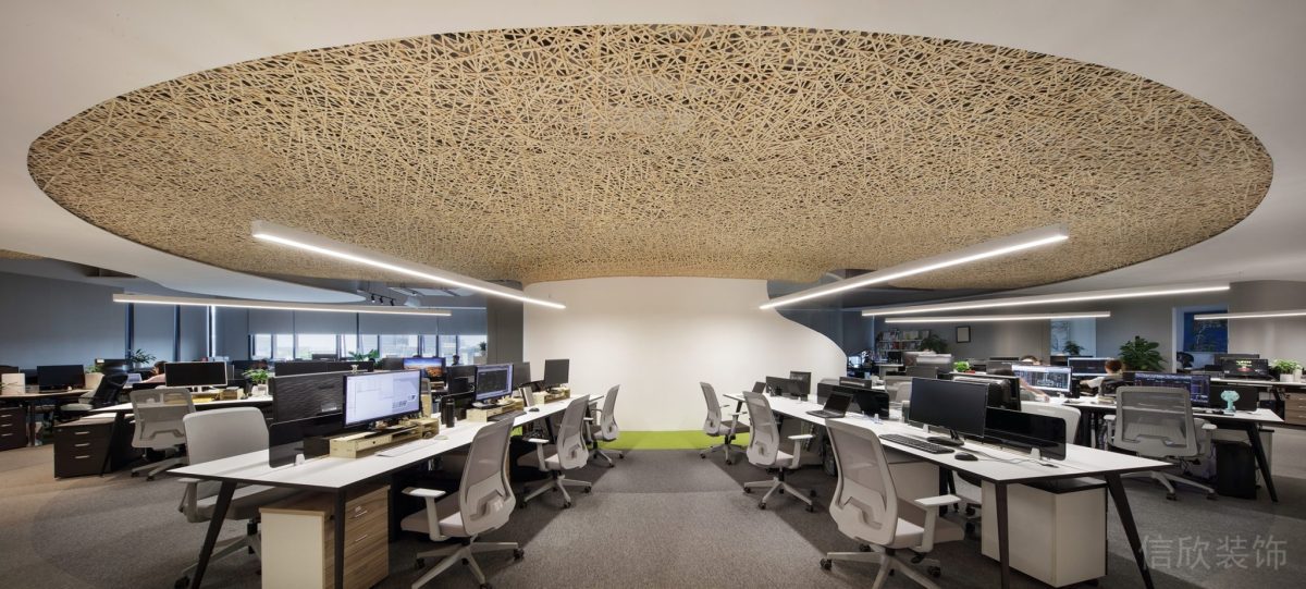 圓形環(huán)繞式原木編織品天花板裝修懸吊式條形燈帶辦公室設(shè)計圖