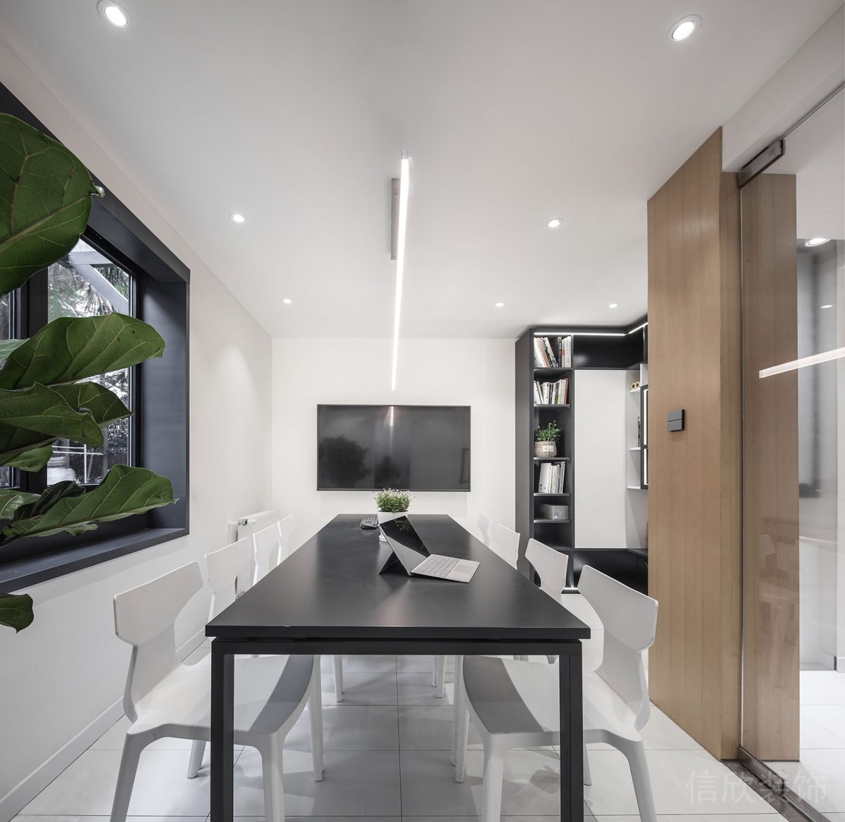 直線式長桌會意思裝修木質(zhì)墻體效果玻璃隔斷智能效果圖