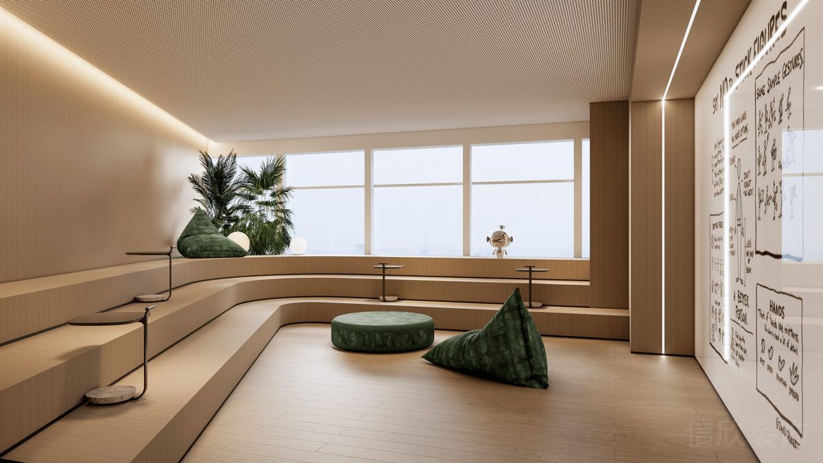 辦公室墻體設(shè)計(jì)玻璃隔斷窗戶(hù)效果木質(zhì)風(fēng)設(shè)計(jì)弧線(xiàn)效果榻榻米休息區(qū)