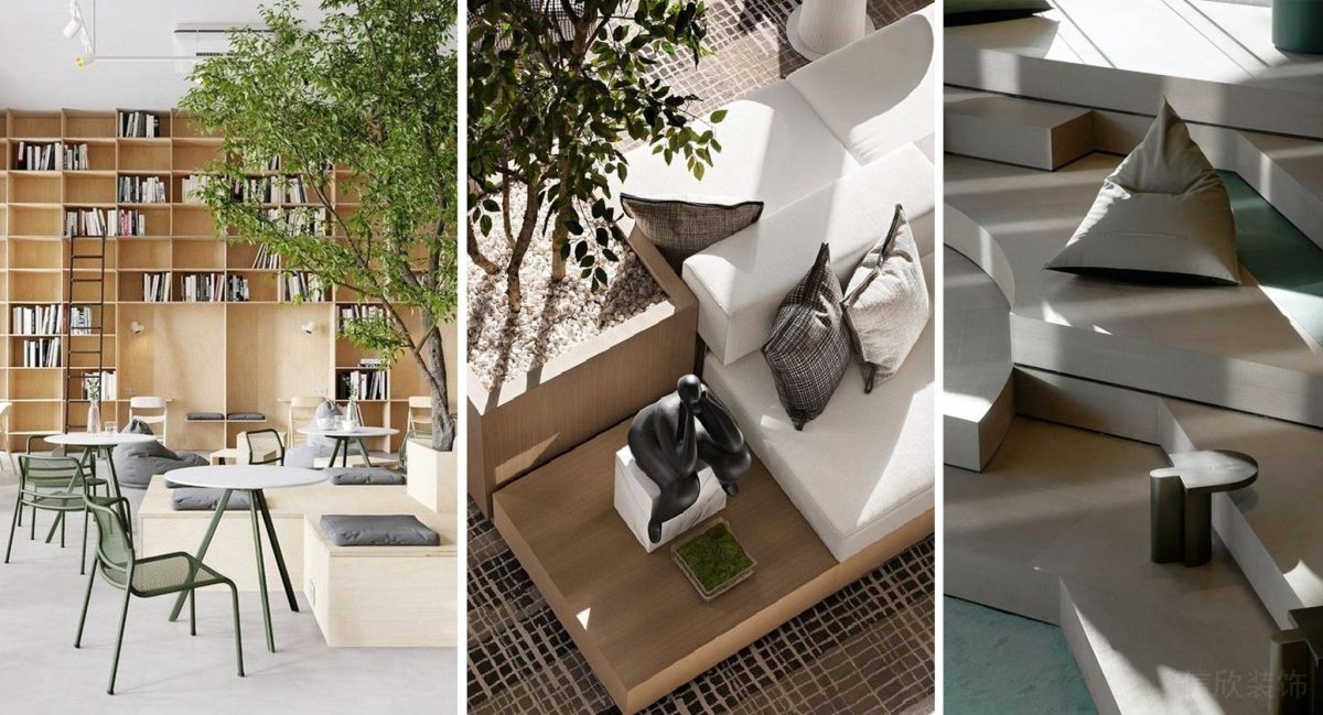 辦公室休息區(qū)裝修設(shè)計木制效果書柜設(shè)計休息區(qū)座椅