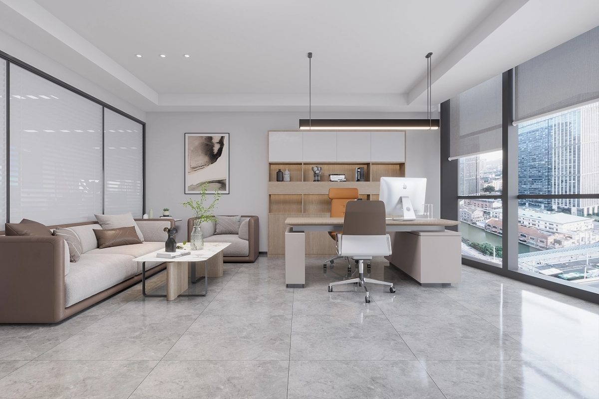 辦公室裝修瓷磚地板效果獨(dú)立空間效果落地窗裝修