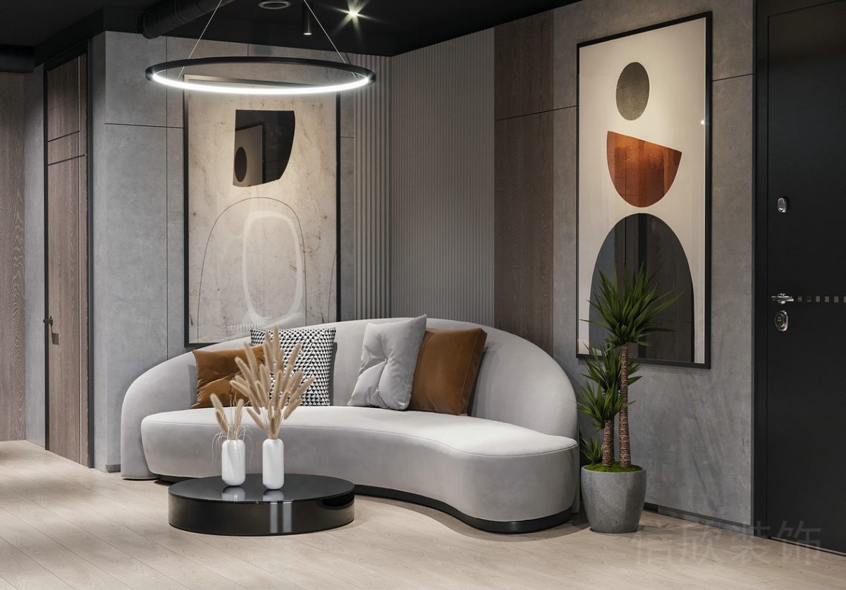 辦公室裝修大廳效果環(huán)形灰色調(diào)北歐風(fēng)沙發(fā)效果藝術(shù)壁畫(huà)矮桌茶幾黑色設(shè)計(jì)