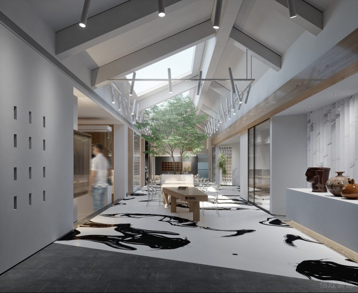 辦公室裝修設(shè)計(jì)波點(diǎn)水墨畫瓷磚地板中式風(fēng)效果走廊