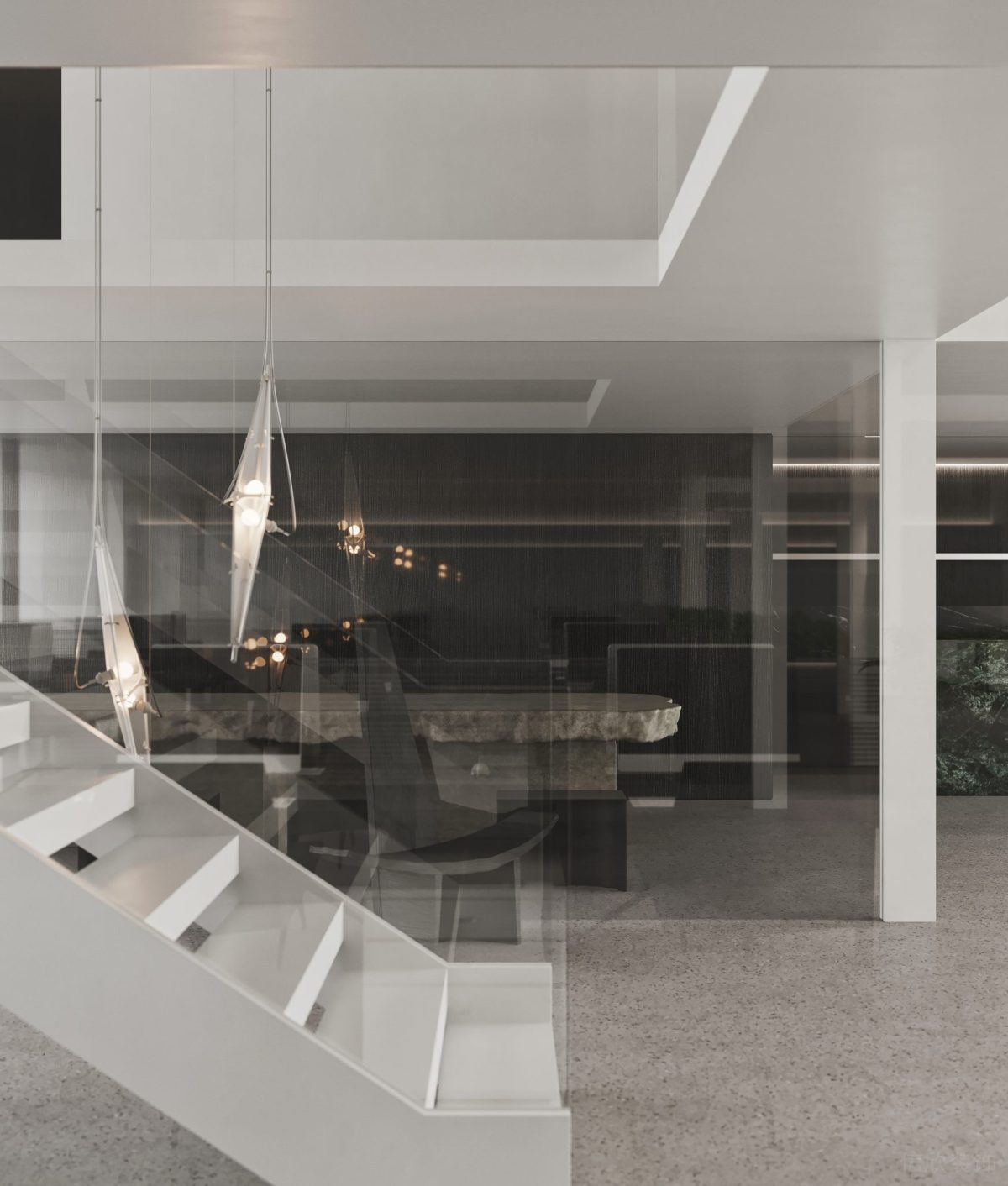 玻璃半墻隔斷辦公室階梯式過道黑白色調(diào)水磨石設(shè)計(jì)效果