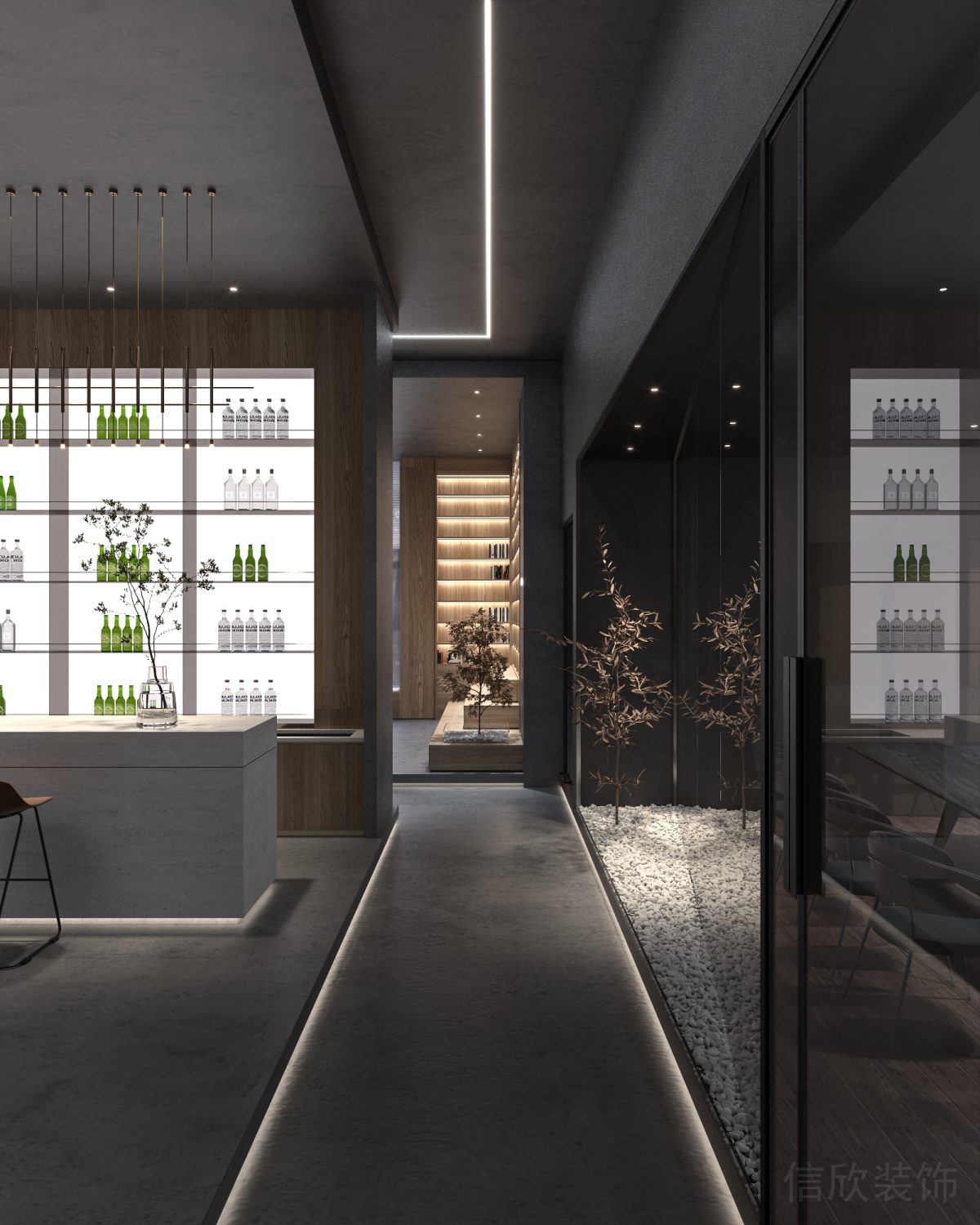 玻璃隔斷墻體設(shè)計辦公室裝修直線式了的燈飾效果木制收納墻柜裝修