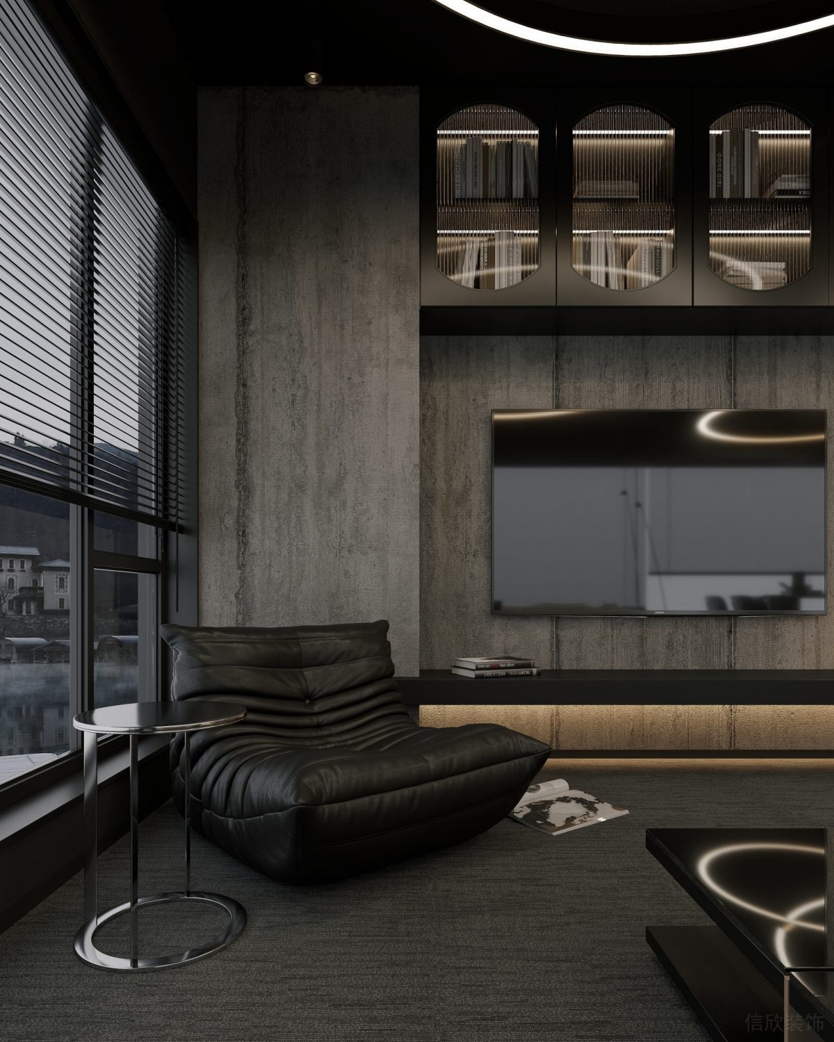 半墻設計裝修效果天花儲物柜設計現(xiàn)代工業(yè)風設計裝修黑色皮革沙發(fā)設計