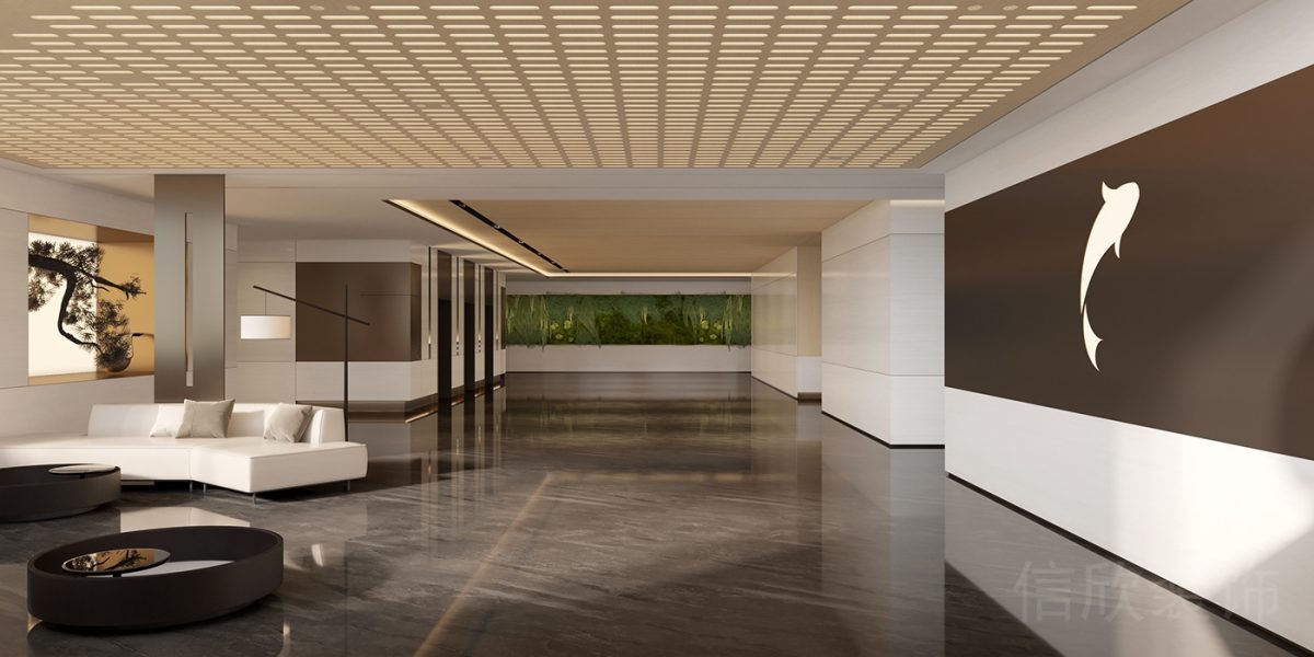 白色弧線沙發(fā)座椅裝修休息區(qū)金屬燈飾海豚圖案設(shè)計辦公室輕奢風效果圖