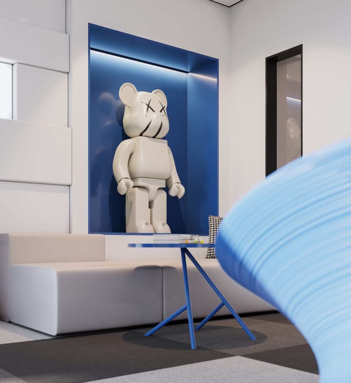 白色皮革沙發(fā)設(shè)計藍色調(diào)圓形桌子裝修辦公室休息區(qū)設(shè)計圖