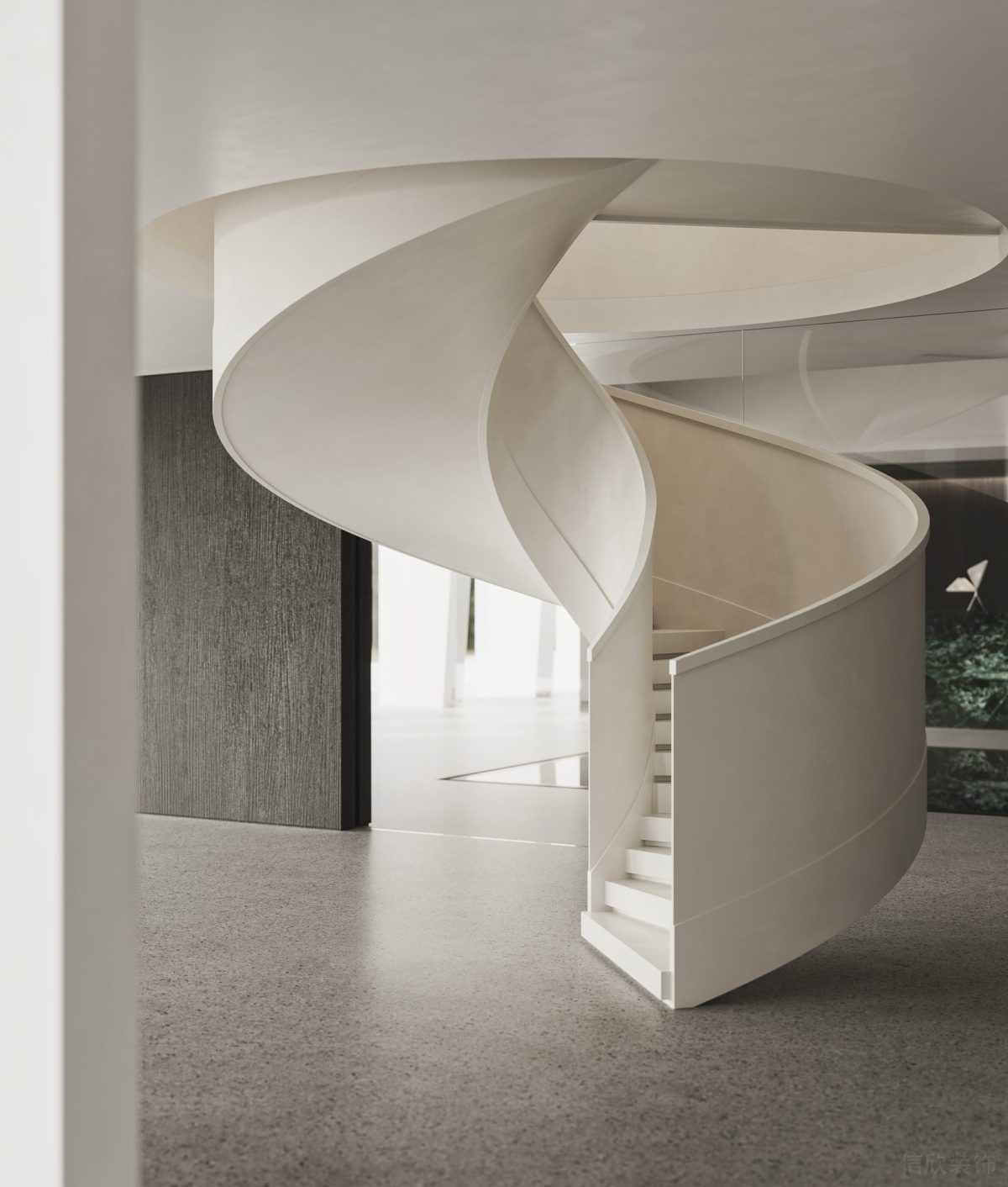 白色旋轉(zhuǎn)樓梯設(shè)計(jì)過道效果圖水磨石地板辦公室