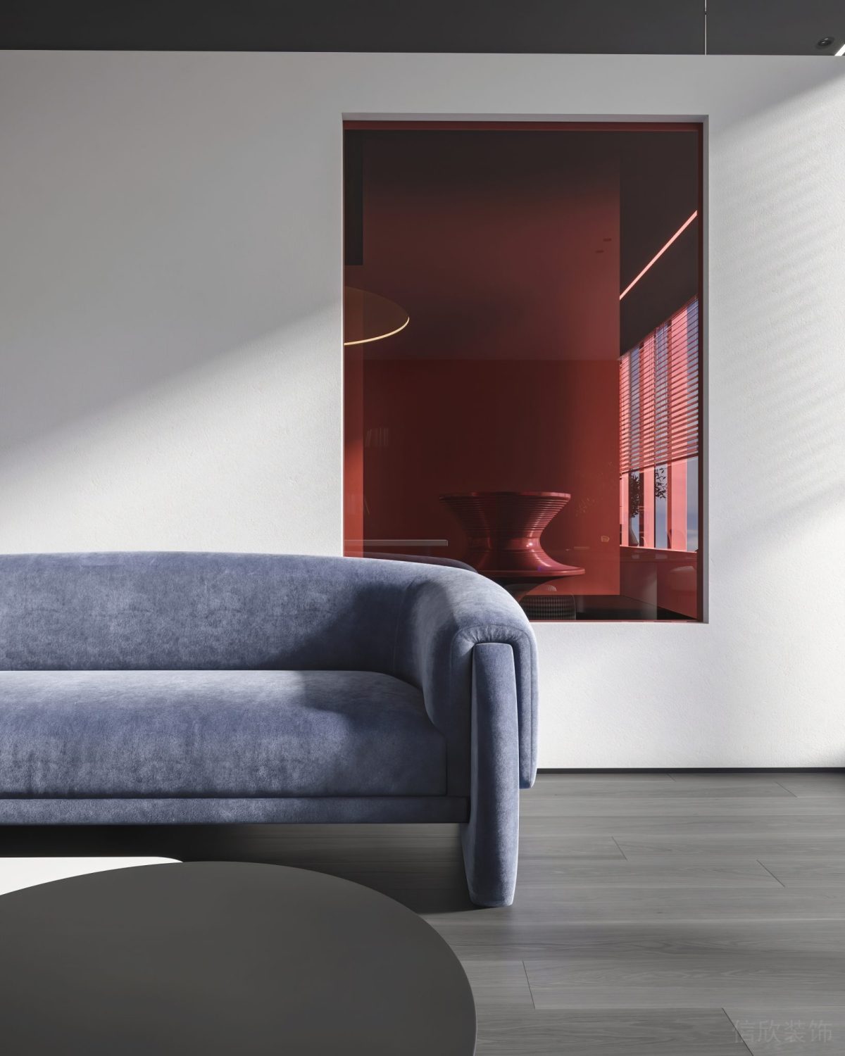 半透明紅色墻板裝修黑色不銹鋼小圓桌設計辦公室休息區(qū)裝修設計圖