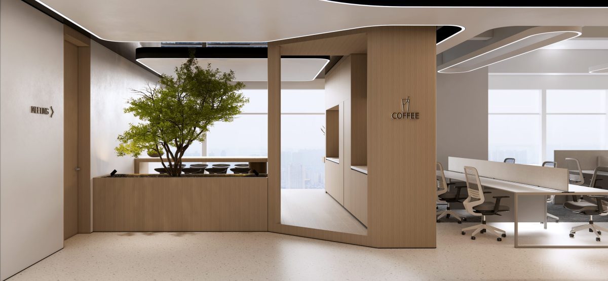 茶水間地臺(tái)裝修效果原木風(fēng)辦公室設(shè)計(jì)微景觀(guān)裝修