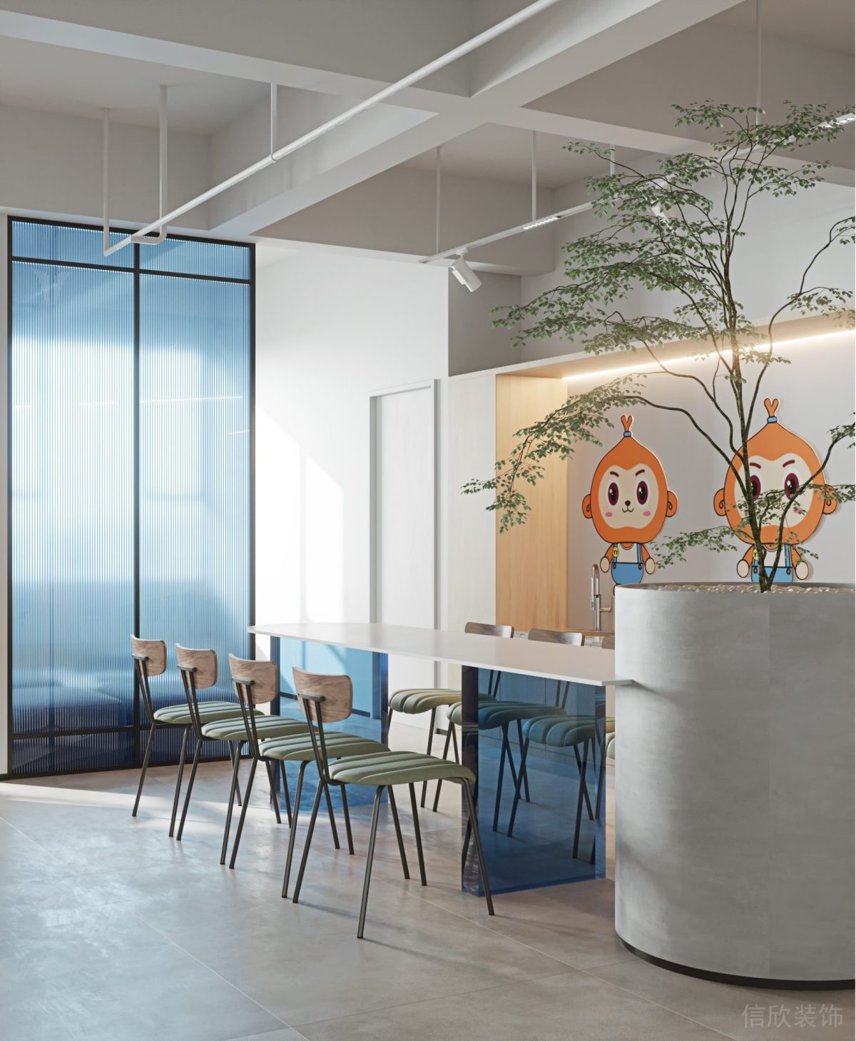 茶水間裝修玻璃藍色隔斷木飾面簡約風(fēng)休息區(qū)裝修辦公室