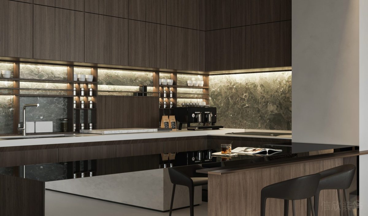 茶水間裝修設(shè)計(jì)環(huán)形開放式廚房休息區(qū)瓷磚效果