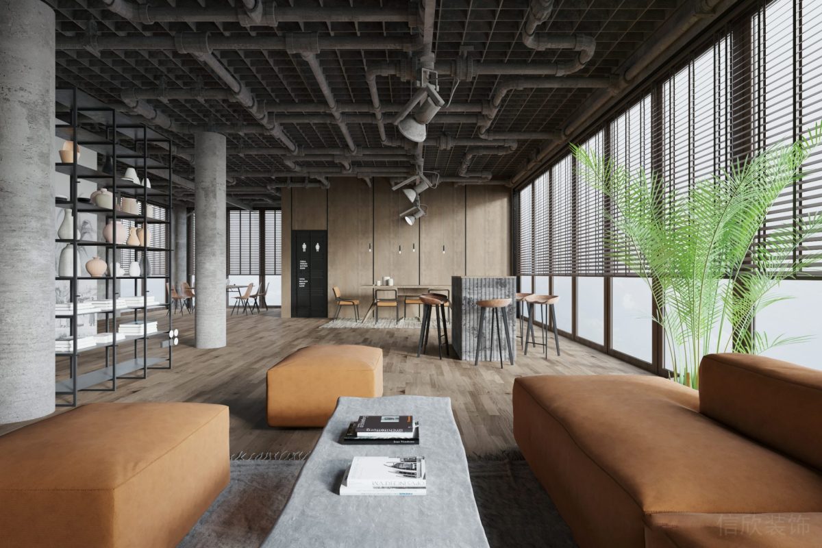 橙色沙發(fā)座椅設(shè)計(jì)工業(yè)風(fēng)天花管道露臉設(shè)計(jì)木飾面效果墻體隔斷設(shè)計(jì)百葉窗裝修