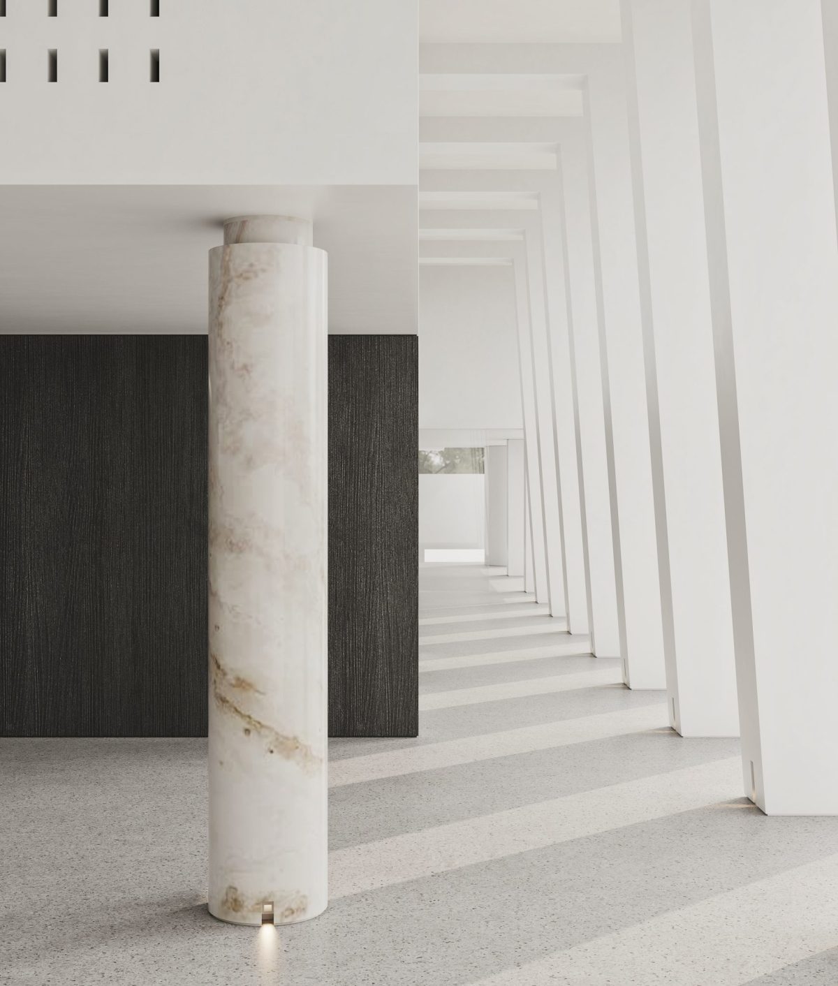 大理石石板材設(shè)計(jì)環(huán)形墻柱效果過道石墨色地板裝修辦公室白色走廊