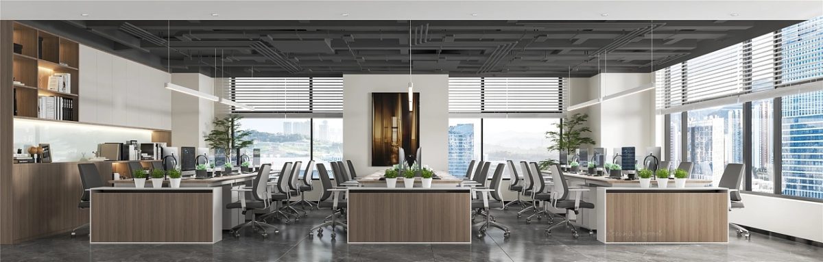 多人工位裝修設計木飾面工業(yè)風天花裸露管道裝修效果圖辦公室