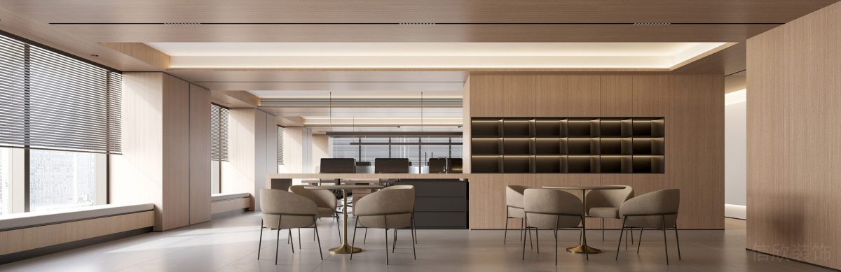 多人工位裝修設計洽談室木質休息區(qū)內嵌式多功能墻柜效果