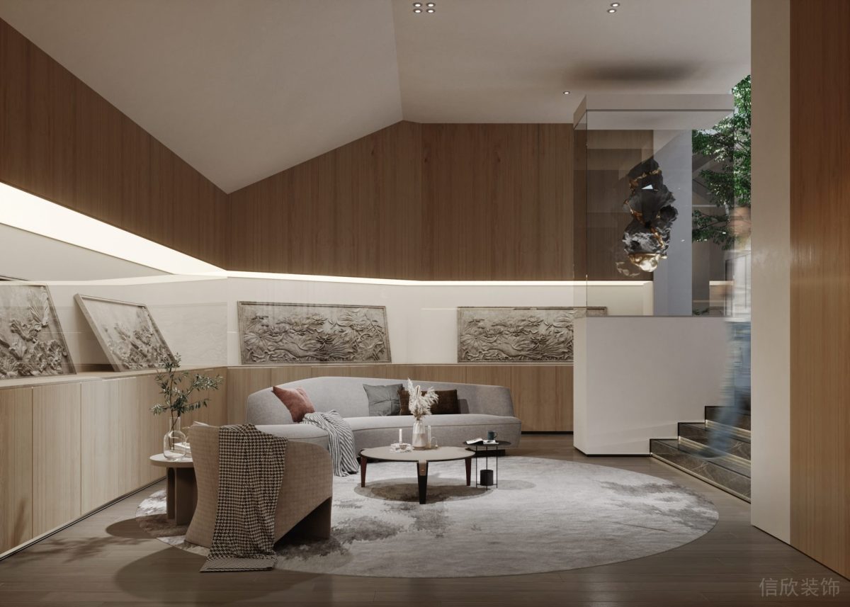 大廳日式木飾面藝術(shù)展畫(huà)半墻設(shè)計(jì)儲(chǔ)物效果辦公室弧線裝修圖