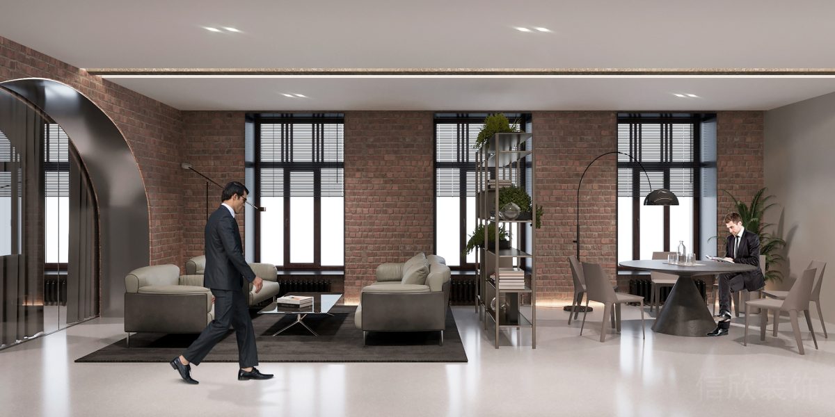 復(fù)古紅墻辦公室裝修設(shè)計(jì)開(kāi)放式客廳樣板間裝修