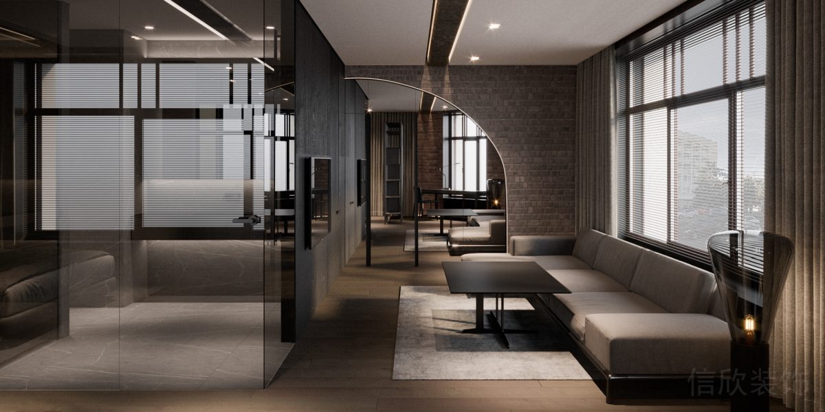 復(fù)古美式辦公室裝修樣板間過(guò)道全屋定制弧線過(guò)道金屬墻體保護(hù)設(shè)計(jì)