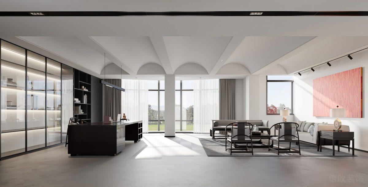 拱形天花簡(jiǎn)約白色效果領(lǐng)導(dǎo)辦公室裝修木質(zhì)洽談室墻柜設(shè)計(jì)