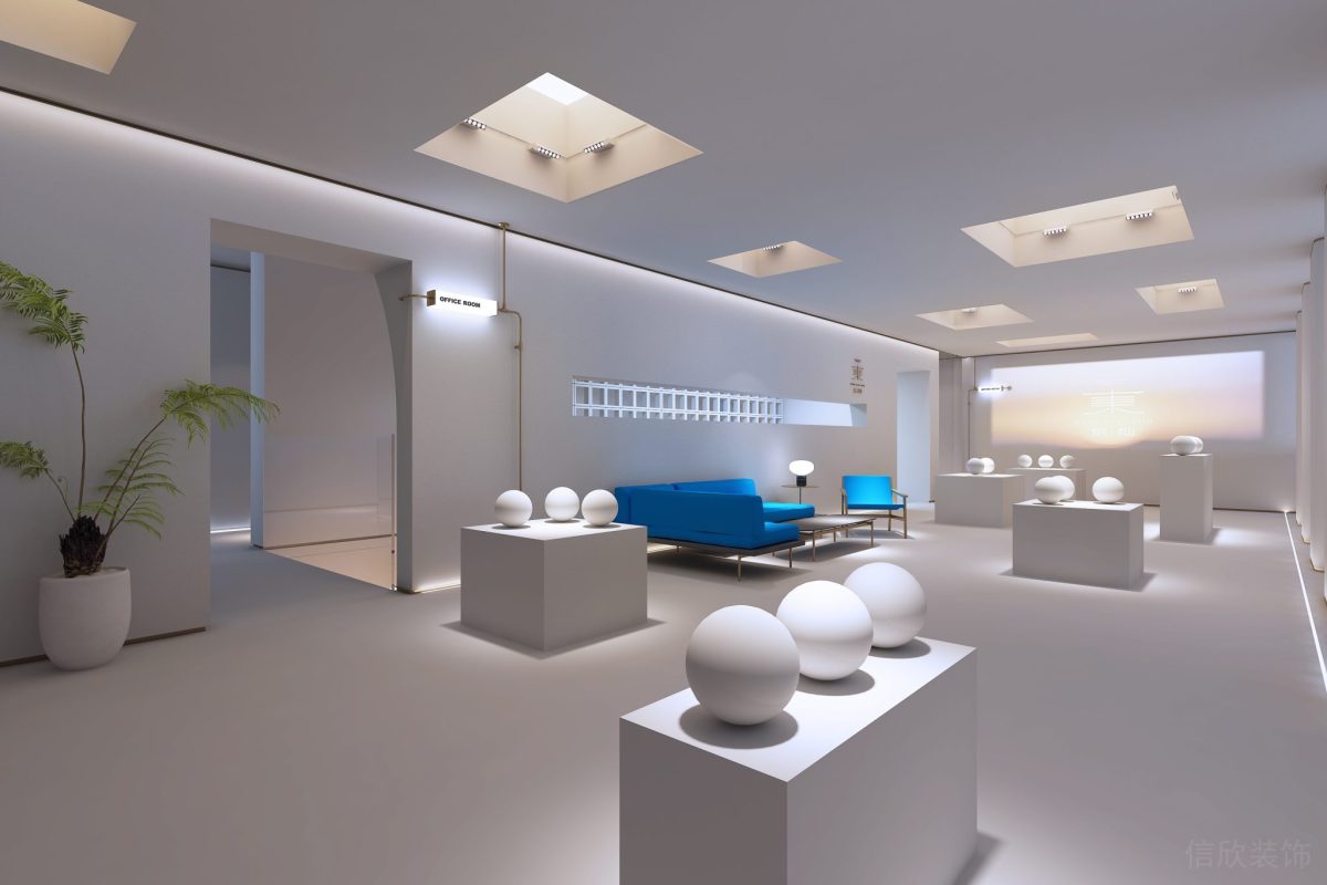 工作室直線白色設(shè)計鏤空天花效果圓球石膏藝術(shù)感設(shè)計效果