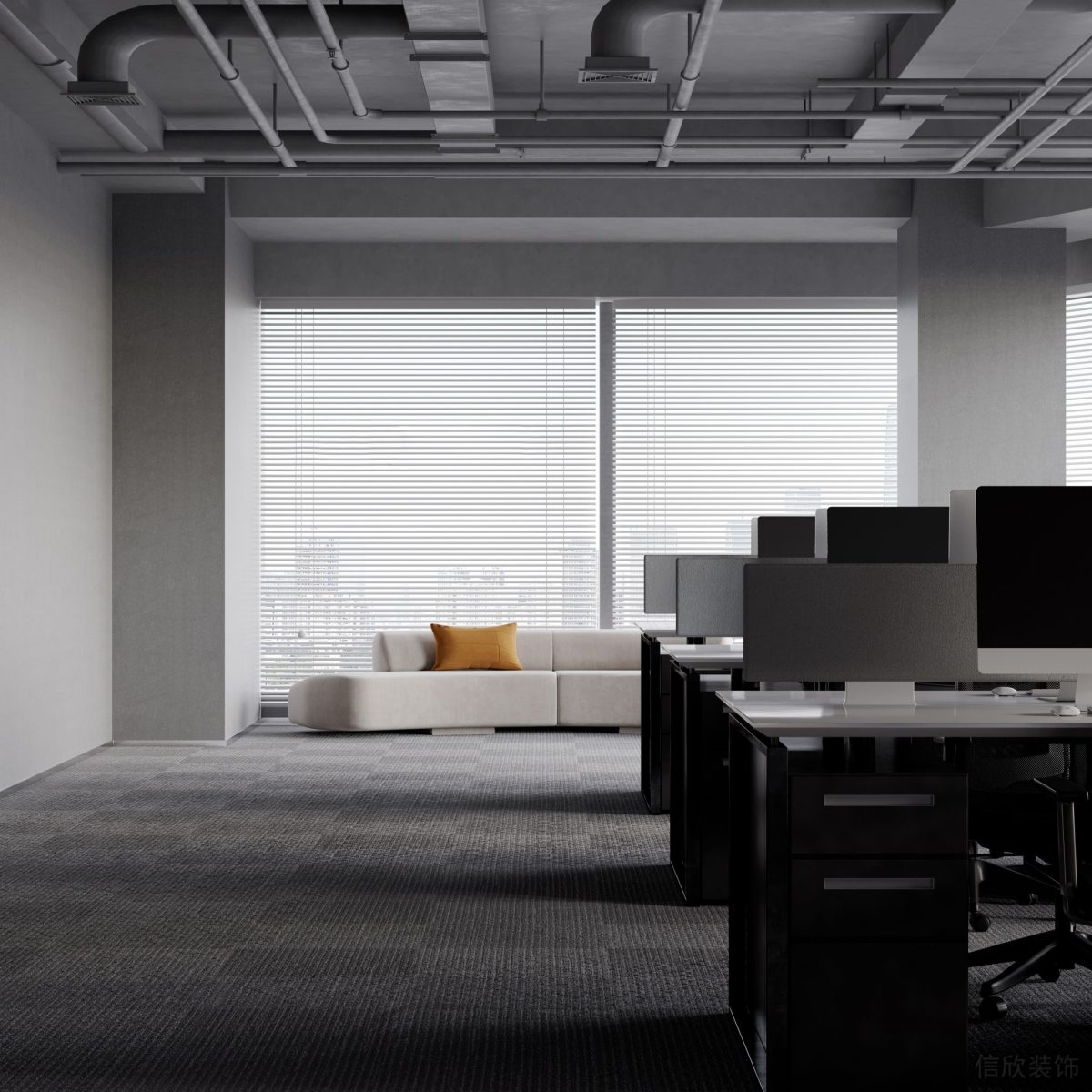 黑白色調(diào)設(shè)計辦公室裝修效果工業(yè)風(fēng)管道天花工位裝修