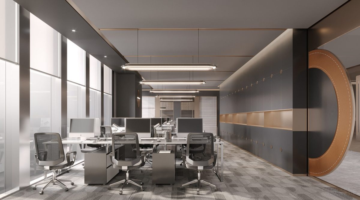 黑白色調(diào)商務(wù)風(fēng)格辦公室設(shè)計金屬天花弧線皮革軟包車縫線設(shè)計效果圖