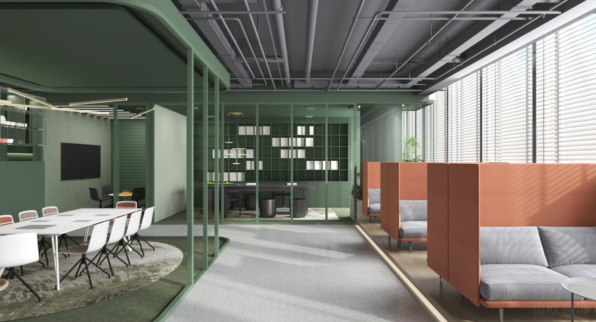 紅綠配色設(shè)計辦公室弧線過道休息區(qū)裝修天花灰色工位風(fēng)裝修圖