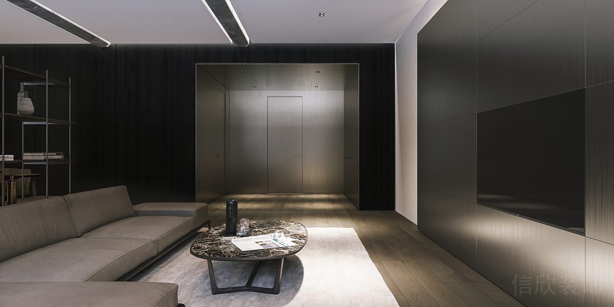 黑色墻體辦公室裝修現(xiàn)代簡(jiǎn)約風(fēng)布藝沙發(fā)灰色調(diào)裝修