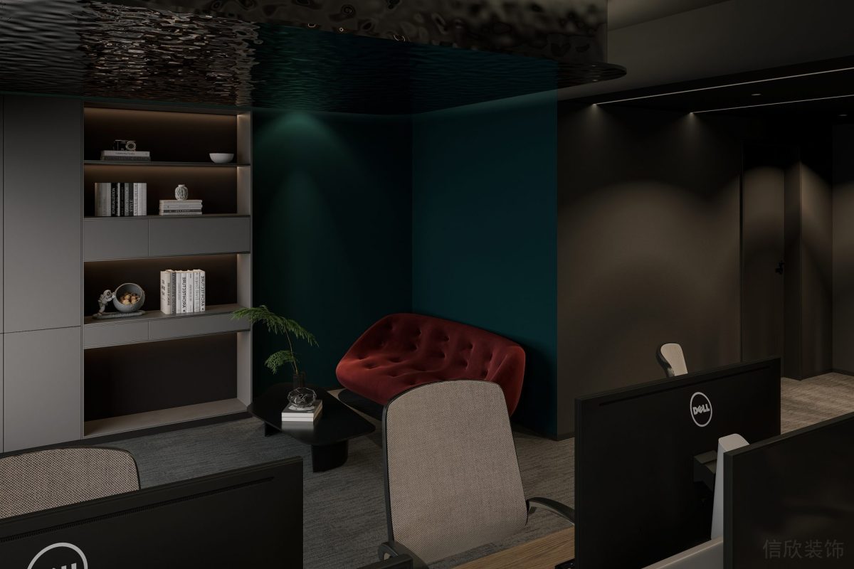 紅色沙發(fā)小型拐角處休息區(qū)設計內嵌式書柜效果辦公室