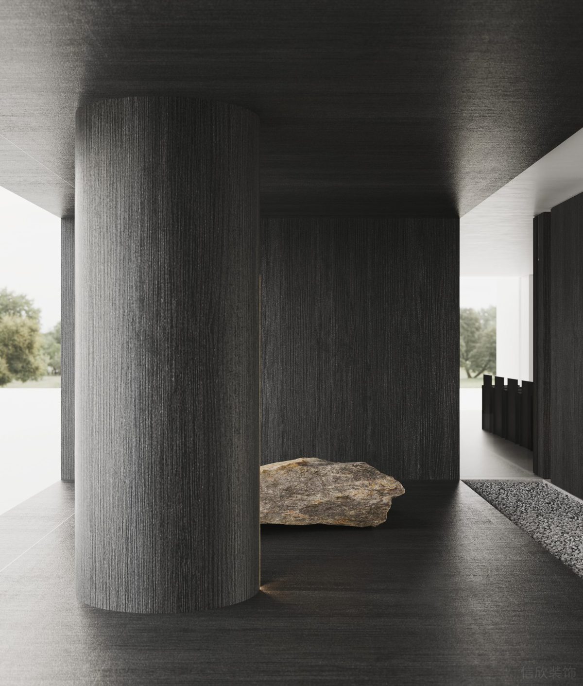 黑色設(shè)計(jì)效果裝修墻柱效果木飾面環(huán)形墻柱設(shè)計(jì)過道辦公室