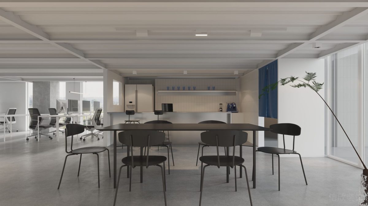 黑色座椅就餐區(qū)辦公室裝修休息區(qū)過(guò)道大廳效果