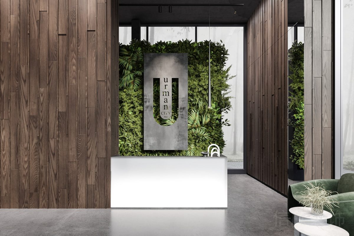 胡桃木深色木質(zhì)休息區(qū)前臺區(qū)綠化裝修金屬鏤空效果簡約風(fēng)設(shè)計