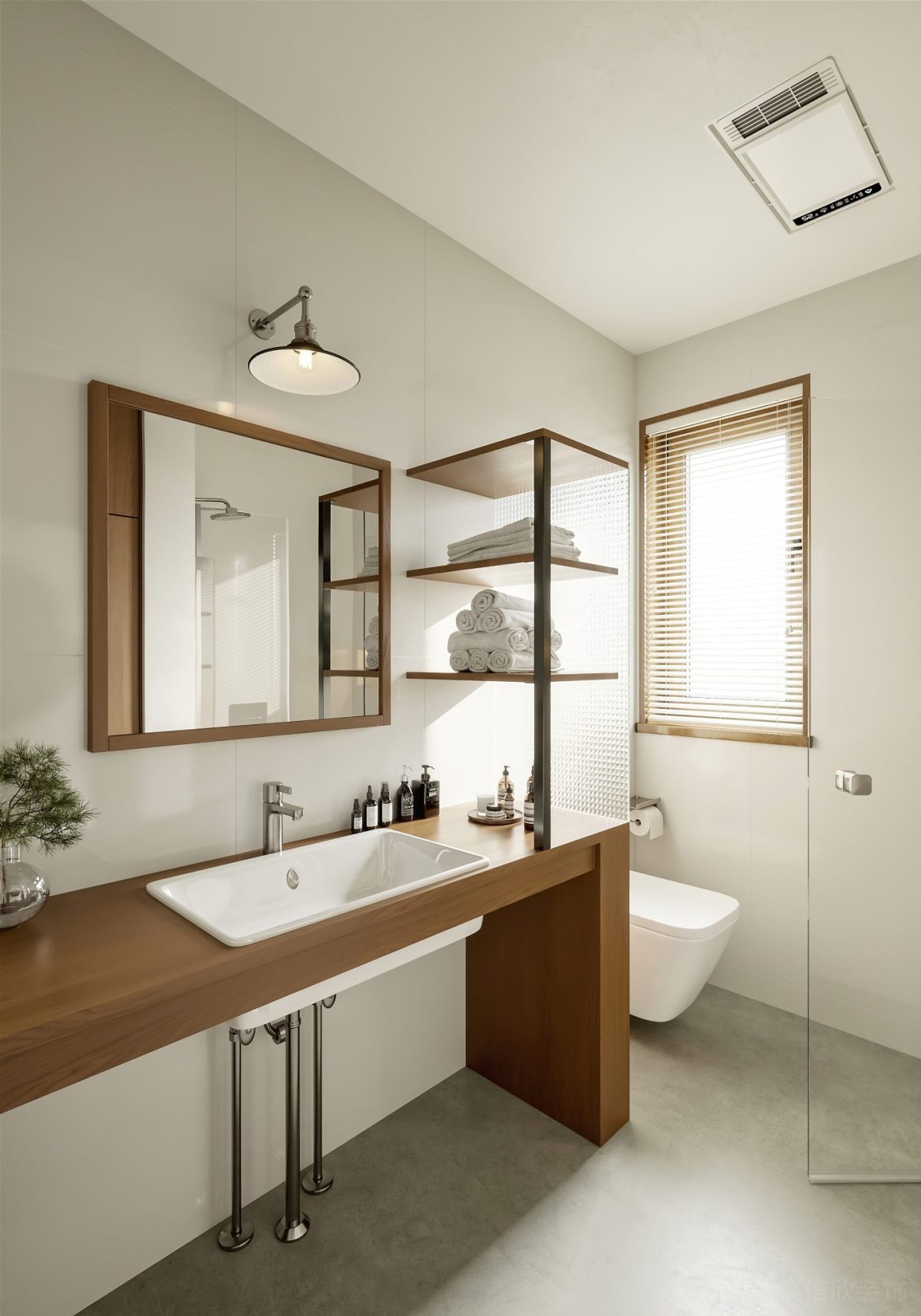 環(huán)形木質(zhì)洗手臺效果鏡面折疊玻璃隔斷浴室設(shè)計