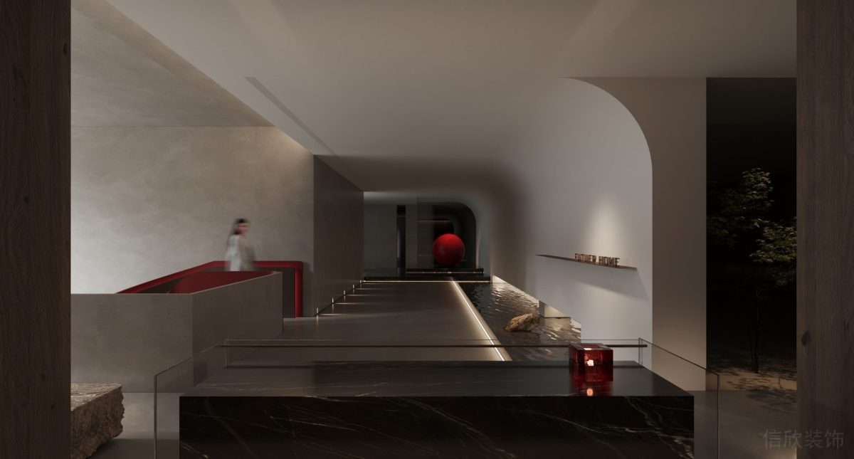 環(huán)形設(shè)計(jì)過道二樓階梯效果紅色點(diǎn)綴空間辦公室