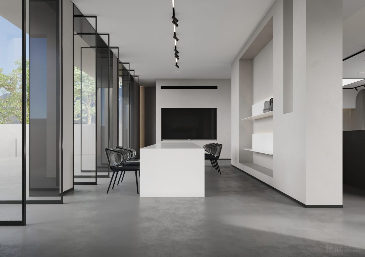 會(huì)議室裝修黑白色調(diào)效果圖內(nèi)嵌式墻體裝修偏軸門(mén)裝修