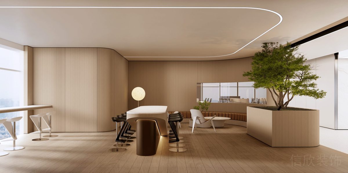 會(huì)議室裝修木飾面設(shè)計(jì)弧線(xiàn)墻體裝修綠化效果皮革軟包座椅休息區(qū)