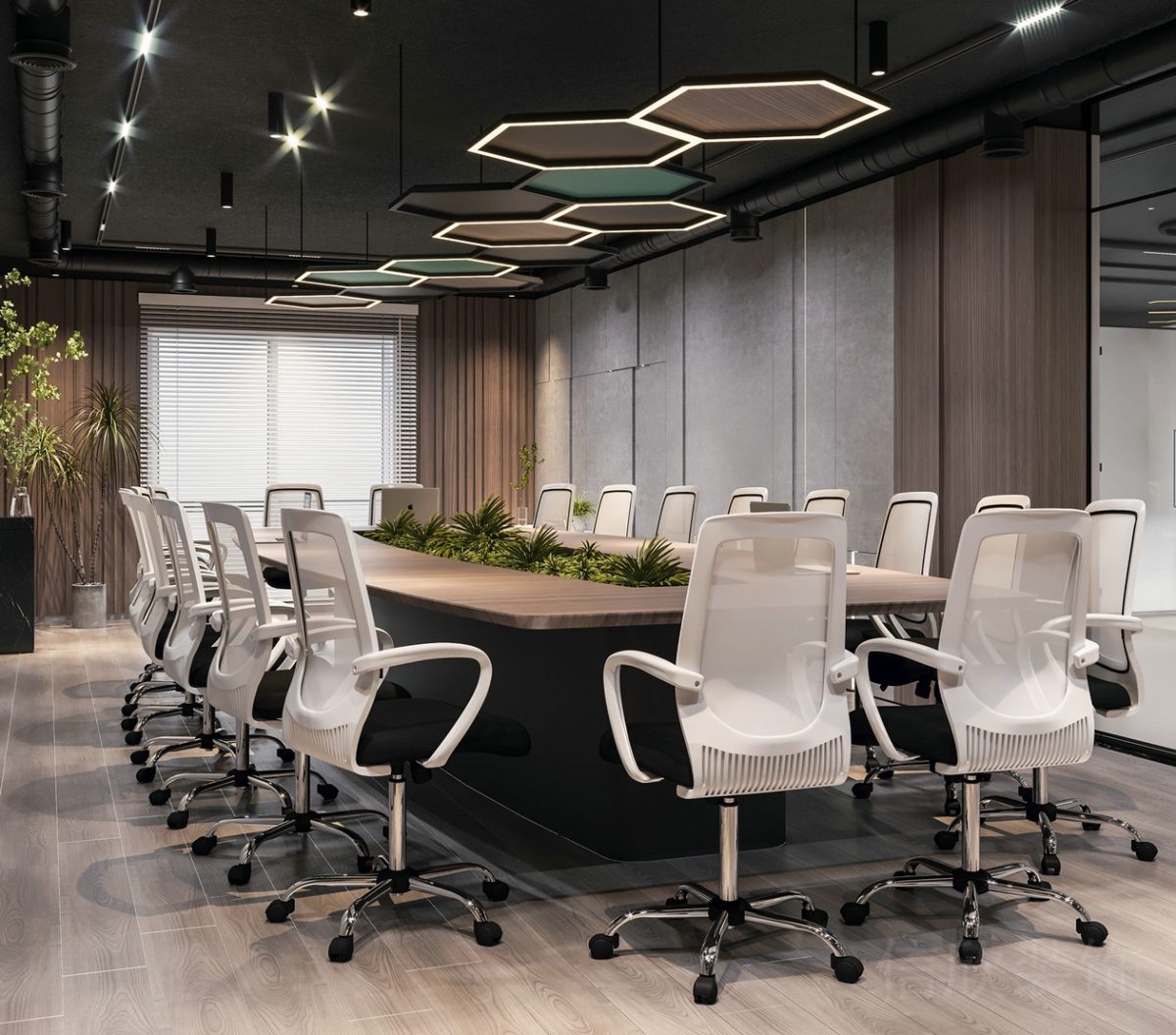 會議室裝修人體工學椅白色效果環(huán)形綠色設(shè)計辦公室效果