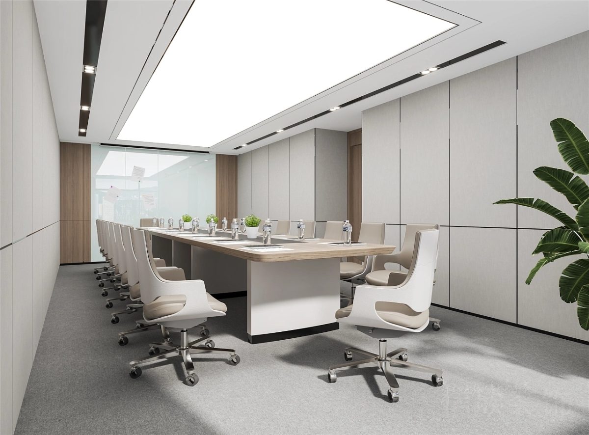 會議室裝修設(shè)計效果環(huán)形燈飾設(shè)計裝修地毯效果收納墻柜設(shè)計現(xiàn)代簡約