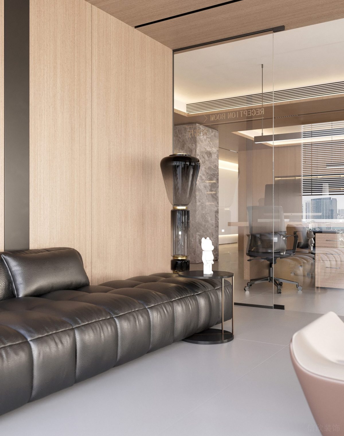 漸變玻璃藝術燈飾設計皮革沙發(fā)效果玻璃隔斷過道裝修洽談室