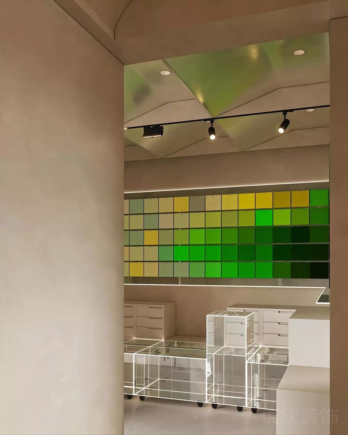 漸變黃綠色彩裝修效果射燈天花透色亞克力裝修休息區(qū)