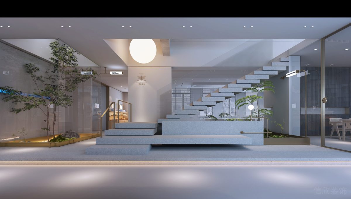 階梯式復(fù)式效果辦公室裝修地臺石板材設(shè)計燈飾圓形天花吊頂