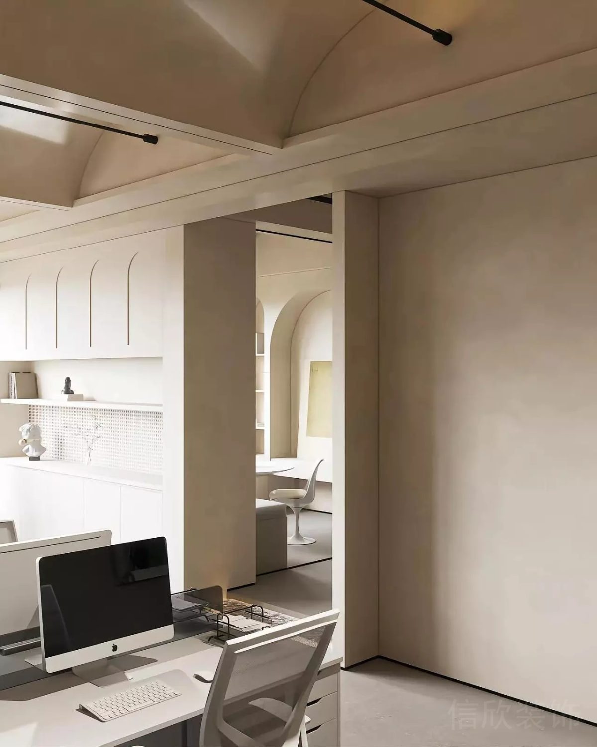 簡(jiǎn)約風(fēng)辦公室裝修卡其色涂料裝修拱形天花效果