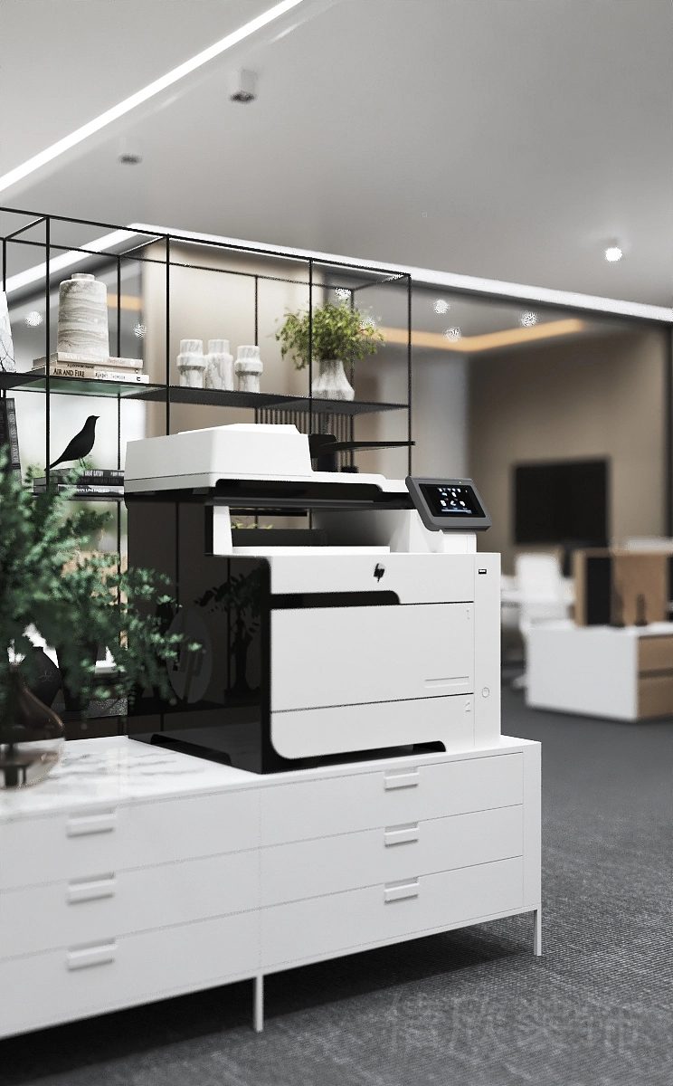 開(kāi)放式打印室裝修效果黑白色調(diào)裝修金屬格子柜設(shè)計(jì)辦公室