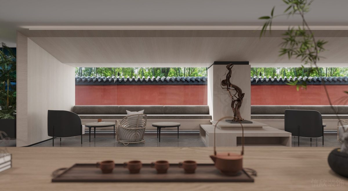 開(kāi)放式環(huán)形鏤空設(shè)計(jì)木飾面效果茶水間裝飾洽談室新中式裝修圖辦公室