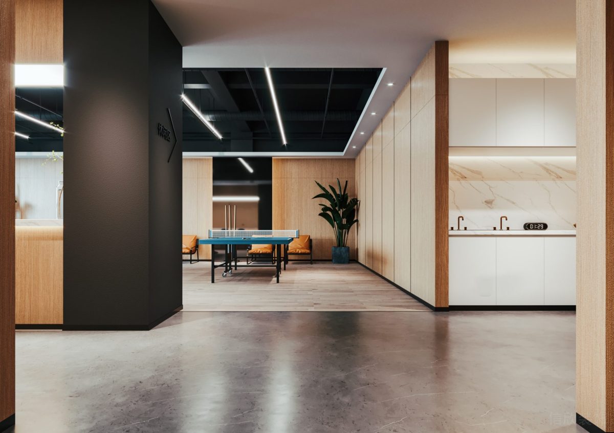 開(kāi)放式員工休息區(qū)黑色墻體裝修半墻瓷磚設(shè)計(jì)工業(yè)風(fēng)辦公室設(shè)計(jì)