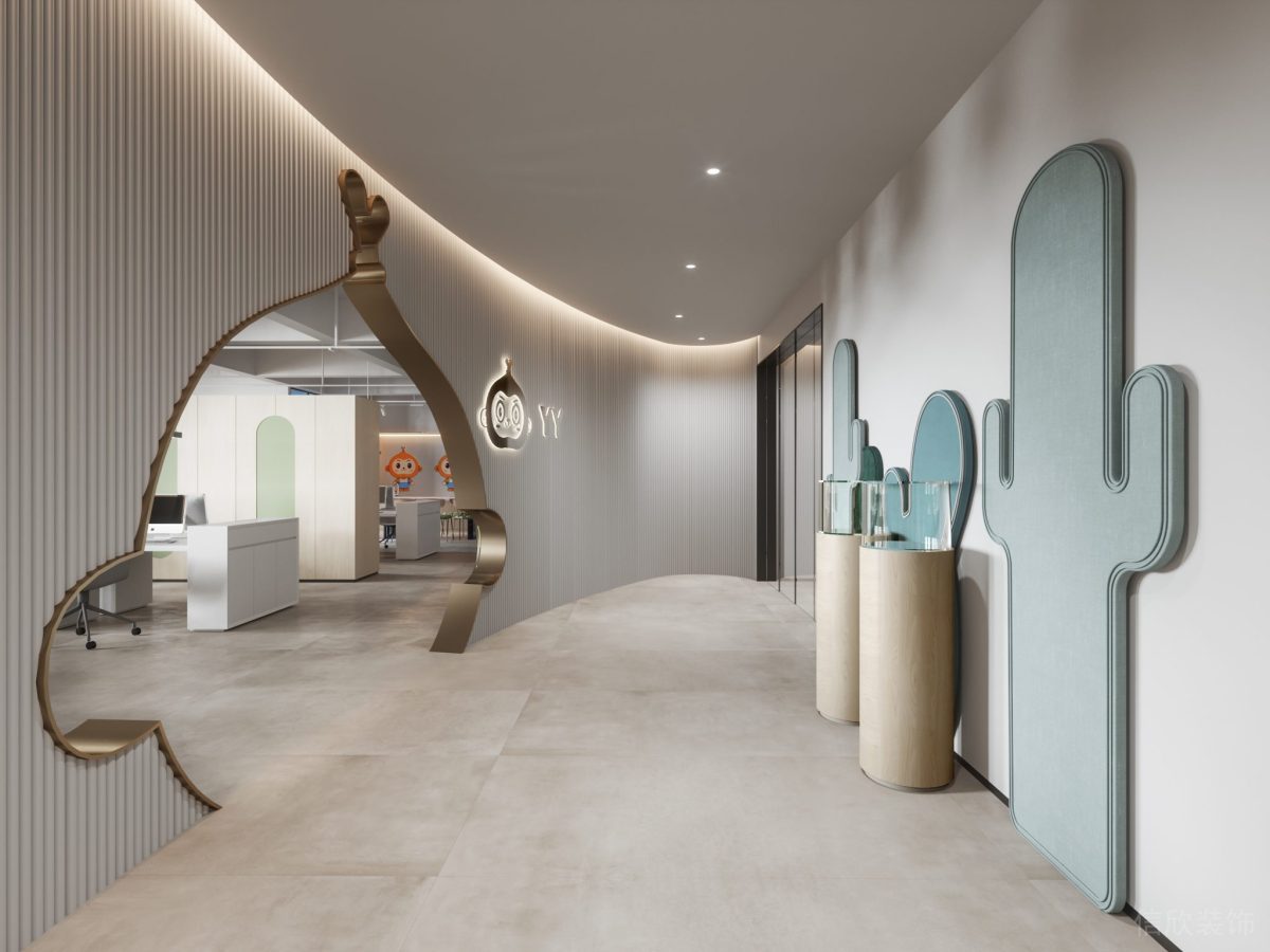 鎏金工藝門框效果直線式墻體設(shè)計軟包綠色效果辦公室過道