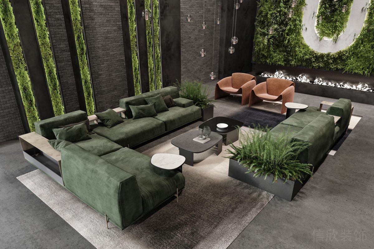 綠色l形沙發(fā)裝修地毯設計黑色墻體裝修天花水晶吊頂效果圖