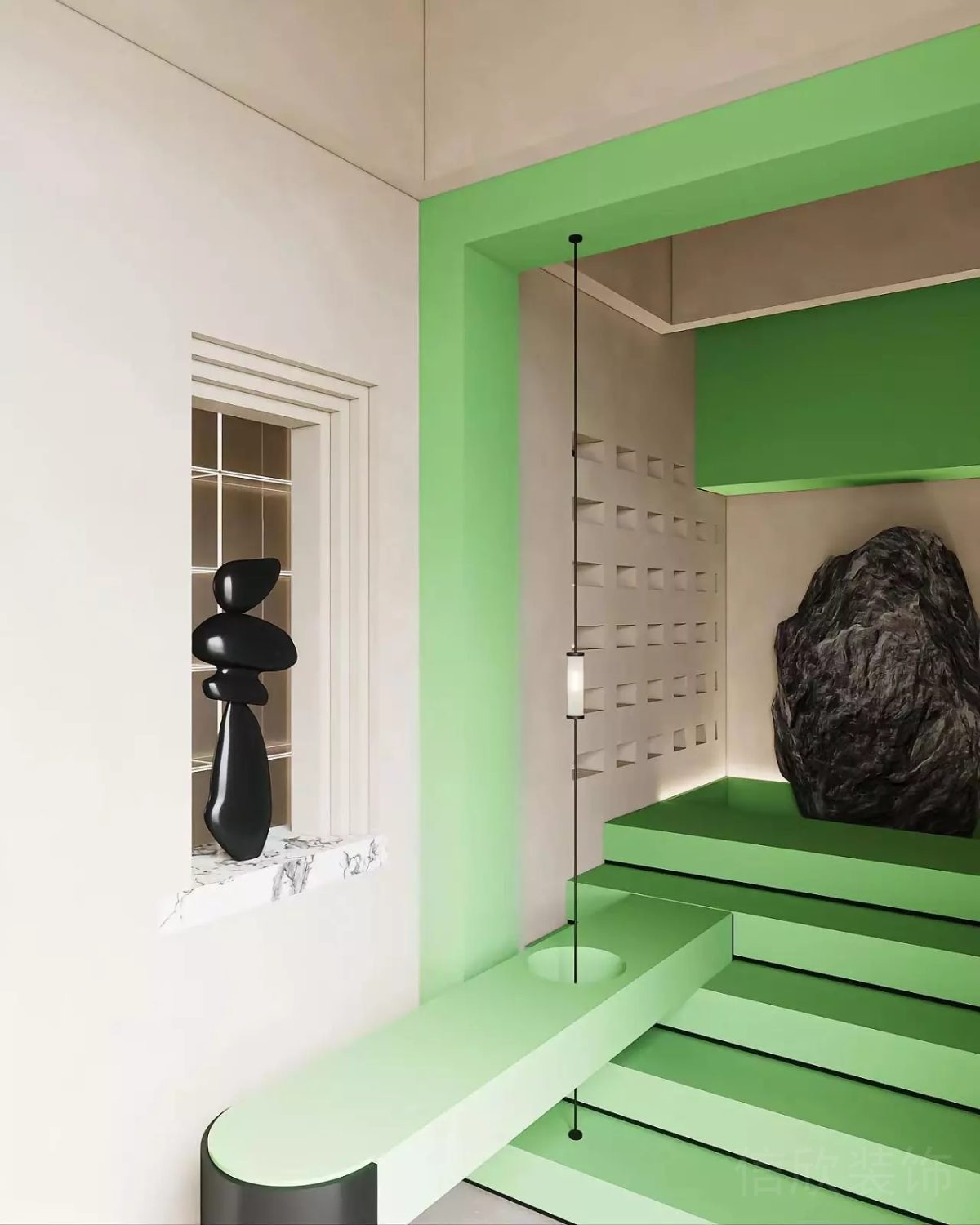 綠色設(shè)計辦公室裝修藝術(shù)感石膏線設(shè)計窗戶鏤空墻體階梯式過道休息區(qū)裝修